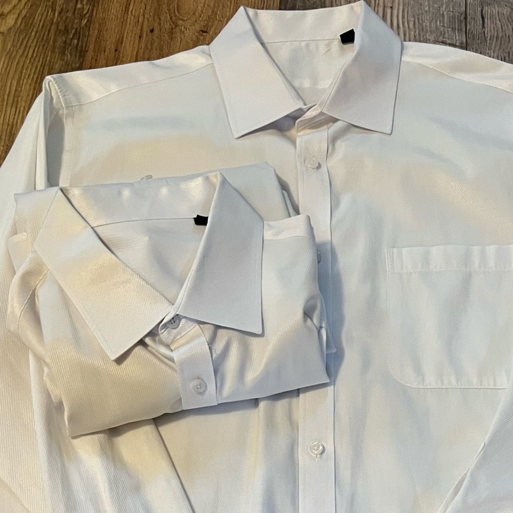 2 Men's XXL Non-Iron Twill Shirts - White w/French Cuffs made w/Italian Fabric